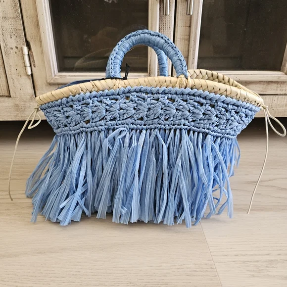 Caterina Bertini Fringe Straw Mini Tote Blue Made In Italy - Picture 1 of 17